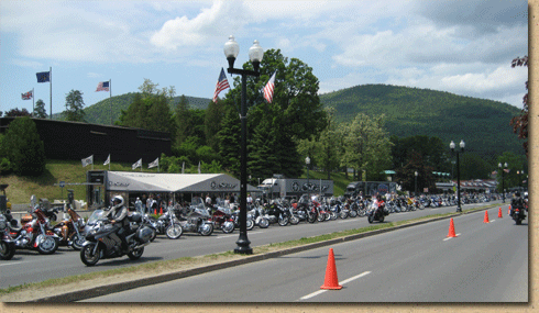 Fort William Henry and the Star Motorcycle demo tent on Beach Road on Lake George