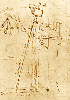 A sketch from Leonardo da Vinci’s notebook illustrating a fixed counterweight trebuchet for long range fortress defense.