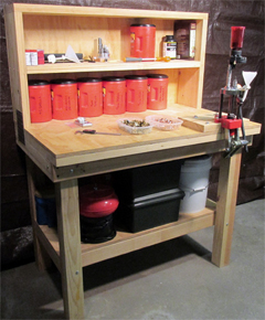 Picture of an ammunition reloading bench, with interchangeable bullet press, made from plans.