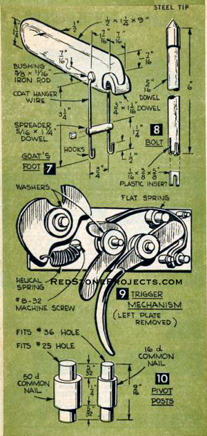 Figure 7. Goat's Foot, Fig. 8. Bolt, Fig. 9. Trigger Mechanism, Fig. 10. Pivot Post