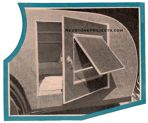 A door of sleeping compartment with screen cover raised to ventilate interior.