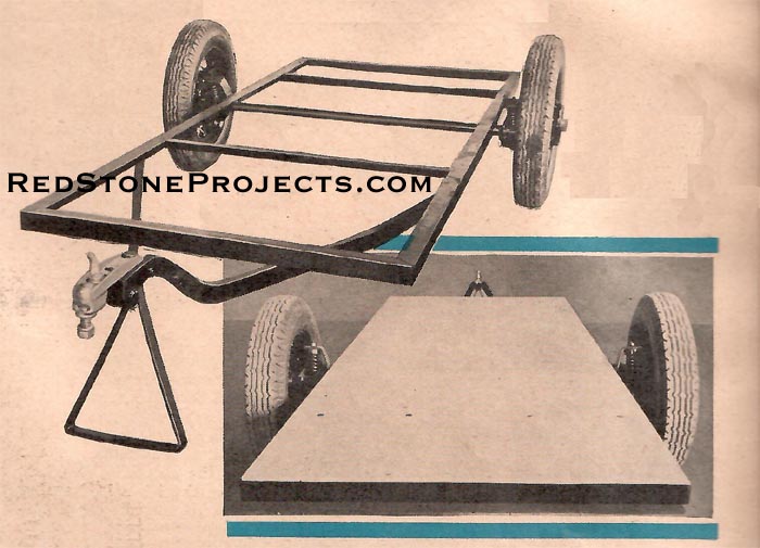 Above. View of the chassis frame, constructed of steel angle bars, welded together. At forward end are the tow bar and stand. Below. Floor in place on the chassis frame only along the two ends.