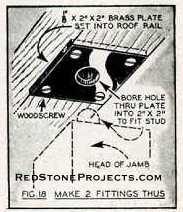 This detail shows how door jamb stud is fitted into a metal plate in the roof rail.