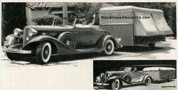 Photo above shows Sir Guy Standing, movie star, and trailer he designed. It shows the roof raised and bunks swung out. Trailer here is modeled after Sir Guy Standing’s trailer. Inset - Drawing shows trailer with top down and bunk folded. This trailer has only one bunk on left side.