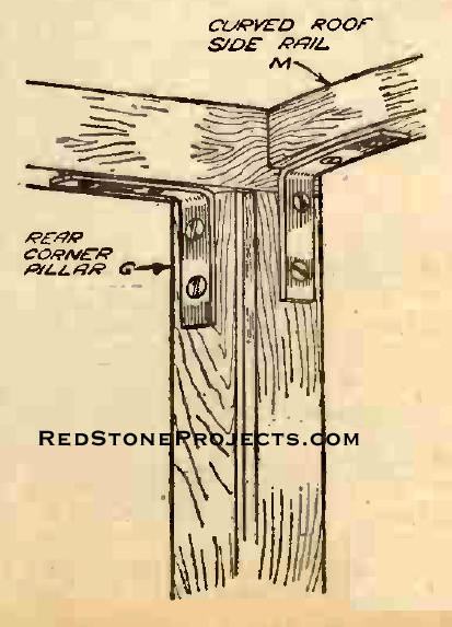 Figure 13. How the curved roof rail is attached to the corner pillar by means of an iron angle bracket.