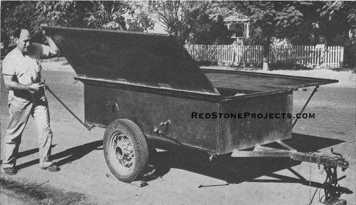 Bed wings are supported on Ford 'A' radius rods. 1/8 x 1 x 10 strap iron clips carry rods when not in use. Chassis is of conventional design to fit axle and springs. Outer members run full length of box, tongue halfway.