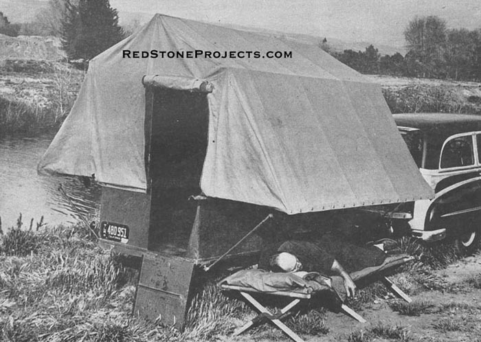 On a recent 6,0000 mile trip through the Northwest and Canada, two persons slept on cots beneath the wings, protected by canvas curtains hung from wing ends and edges. Trailer traveled 30,000 miles with no sign of deterioration except scratches and stains.