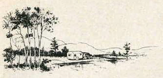 Car towing a vintage travel trailer down a country road.