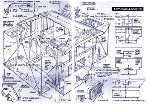 Drawing with dimensions showing the construction of an expandable truck camper.