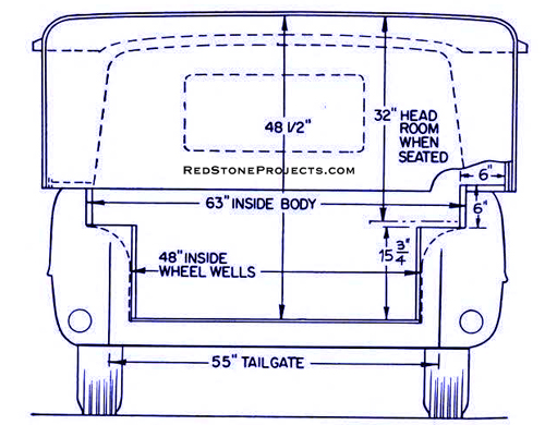 To determine the size of your camper, measure your truck's dimensions as shown above. The Standard pickup can sleep four, plus one in the cab (below). In Part II, plans for the kitchen facilities will show how to build a table that lowers to make a cross bunk.