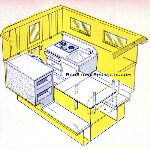 Cutaway view of the truck camper interior showing the kitchen and fold-down dining table.