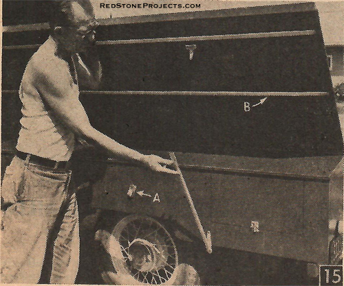 Figure. 15. T-hinges engage the thin wall conduit supports at each end of the extended bed-wings. Sheet-metal clips mounted at an angle (A) hold the braces in traveling position. Adhesive tape painted with aluminum paint or lacquer over rubber strips (B) protect right wing. Angles over ends of wings to rainproof  interior.