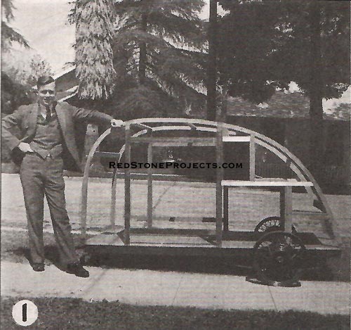 1. Incredible as it seems, this tiny trailer has 7 ft. 4 in. space in the sleeping compartment, which extends from the front end to upright frame member just behind the wheel. Framing is of 3/4 in. x 1 1/2 in. pine. Gusset are used on the original, but plans are otherwise.