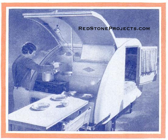 Teardrop trailer with cooking facilites under the rear hatch.