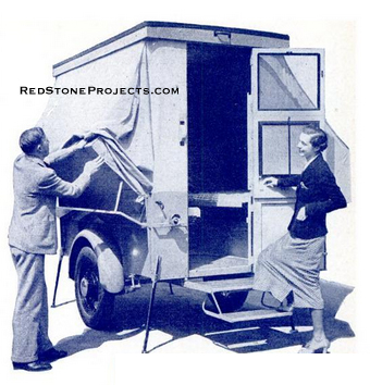 Collapsable model trailer with roof raised and side walls being lowered for beds.