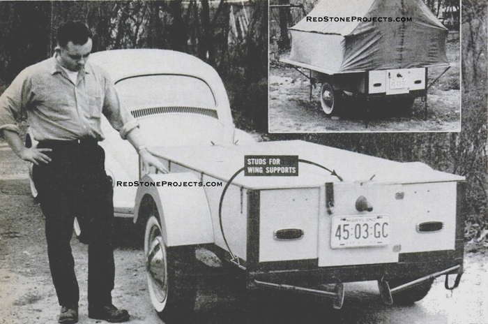 Lid halves swing out as beds for youngsters, when the trailer box is opened. Metal studs (shown with arrows) slipped into pieces of pipe support wings at corners.