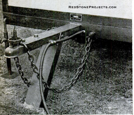U-shaped tongue support was welded up from two pieces of angle. Support swings back and is chained up for traveling. Most states require safety chains, as shown in the photo above.