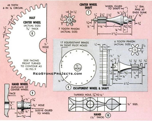 Figures 6 though 10. (6) Half Center Wheel. (7) Center Wheel Shaft,(8) Escapement Wheel and Shaft, (9) Hand Wheel, and (10) Hand